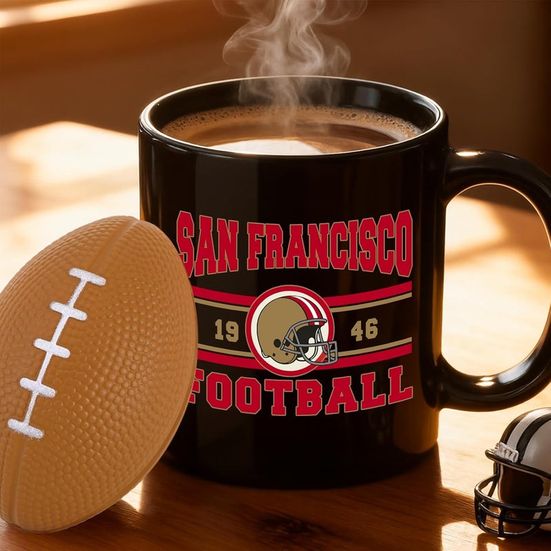 Kiraddle 2 in 1 Football Fan Ceramic Coffee Mug Cup San Francisco Themed Merch Fan Shop Men Women Sport Gear Apparel Memorabilia Decor 49er Team Accessories Bf Boyfriend Novelty Cool Special Present Funny Gift - Image 1